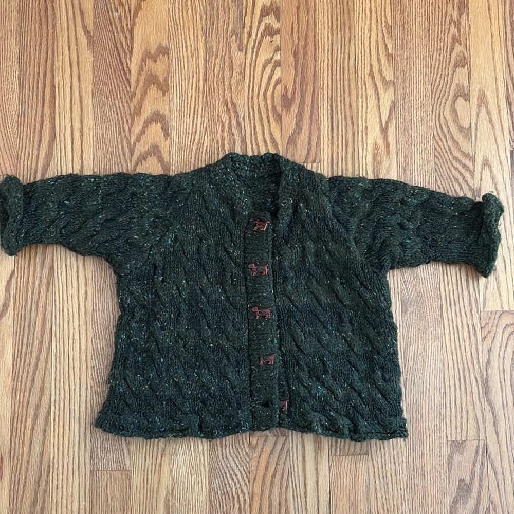 Green Knit Heavy Weight Button Down Cardigan Dog Buttons Striped Confetti
